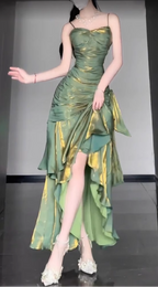 Retro Mermaid Spaghetti Straps Green Prom Dresses Birthday Outfits With Flower