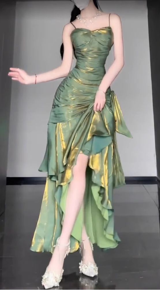 Retro Mermaid Spaghetti Straps Green Prom Dresses Birthday Outfits With Flower