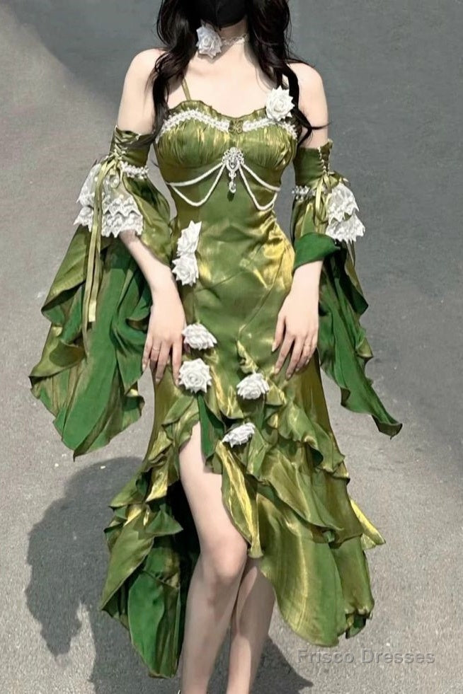 Retro Mermaid Spaghetti Straps High Low Long Party Dress Green Prom Dresses Secondary image