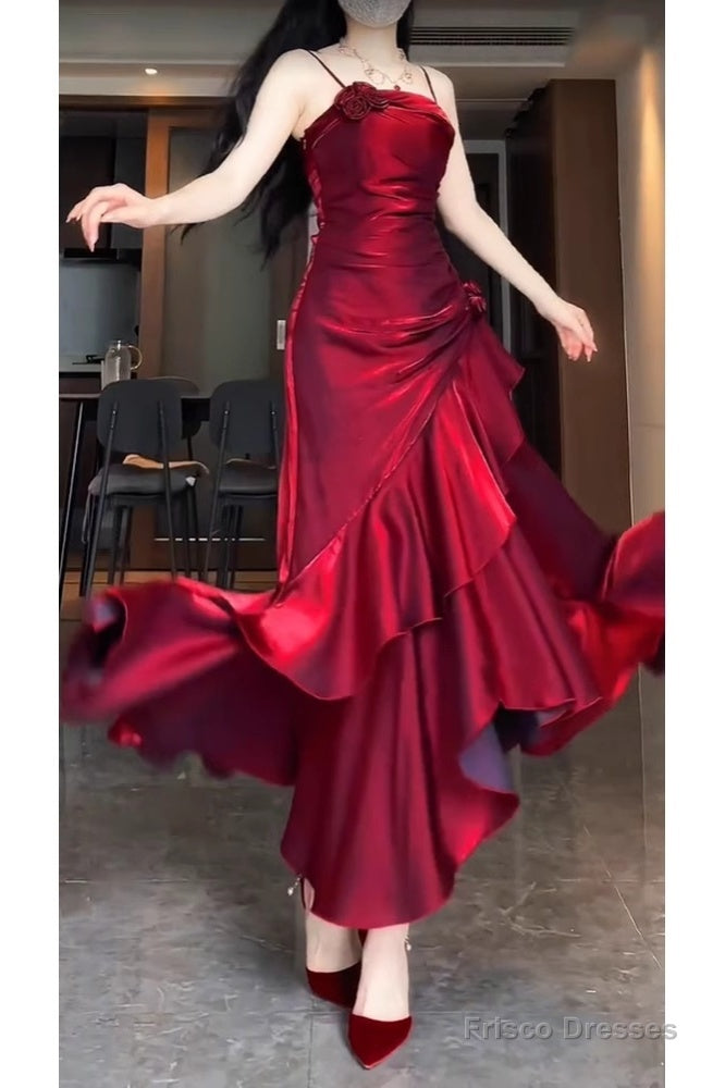 Retro Mermaid Spaghetti Straps Red Ankle Length Prom Dresses Birthday Outfits Main image