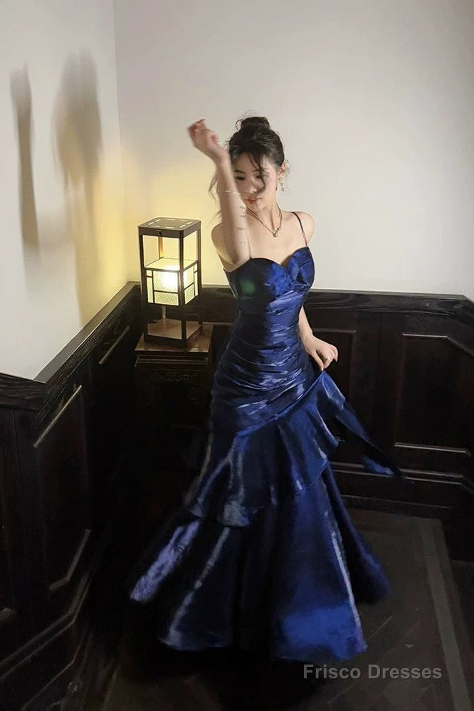 Retro Mermaid Spaghetti Straps Royal Blue Long Length Evening Dress Prom Dresses