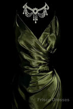 Retro Mermaid Spaghetti Straps Satin Green Long Evening Dress Formal Prom Dress