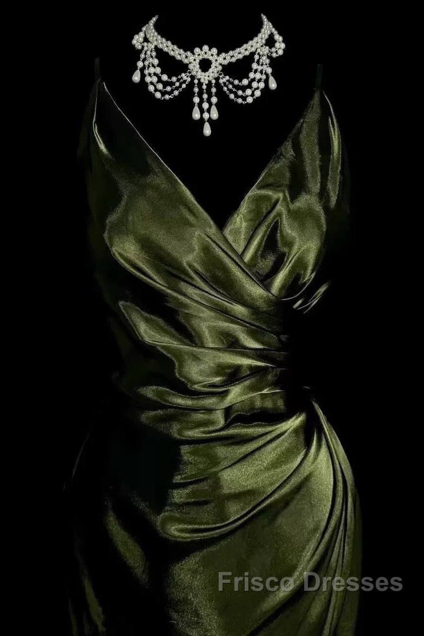 Retro Mermaid Spaghetti Straps Satin Green Long Evening Dress Formal Prom Dress