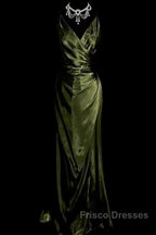 Retro Mermaid Spaghetti Straps Satin Green Long Evening Dress Formal Prom Dress
