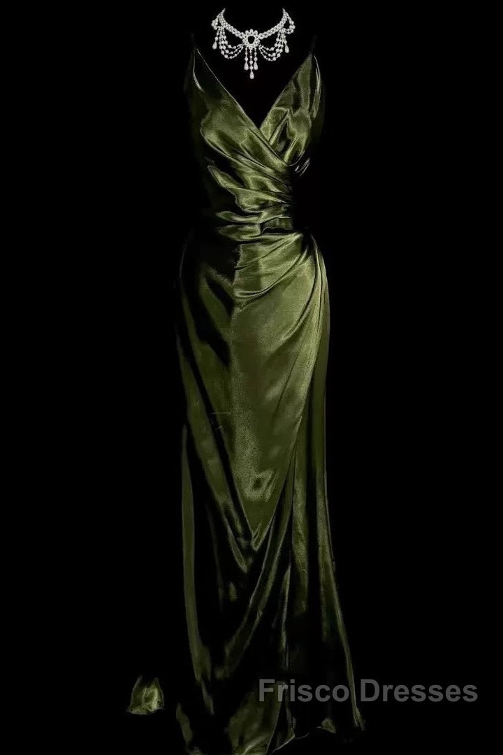 Retro Mermaid Spaghetti Straps Satin Green Long Evening Dress Formal Prom Dress