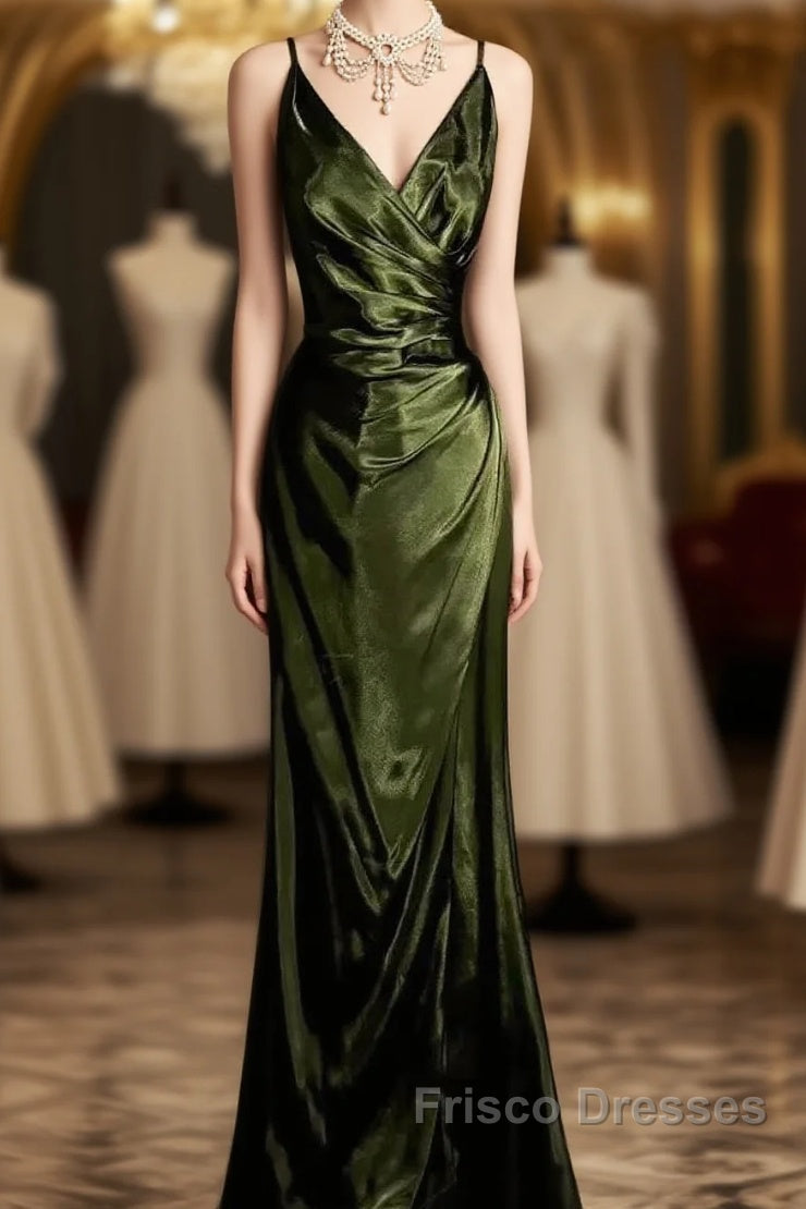 Retro Mermaid Spaghetti Straps Satin Green Long Evening Dress Formal Prom Dress