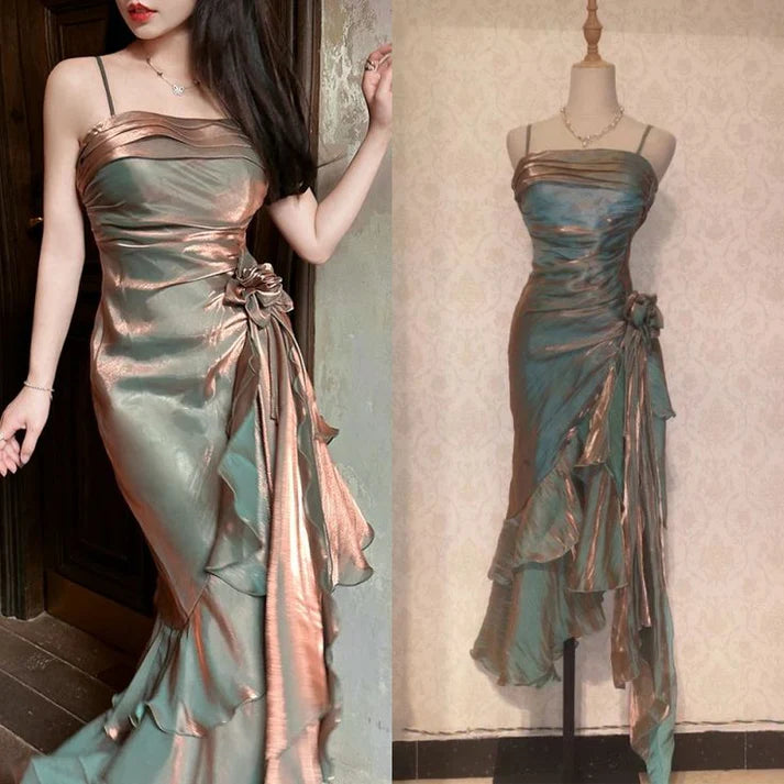 Retro Mermaid Spaghetti Straps Satin Long Party Dress Prom Dresses Main image