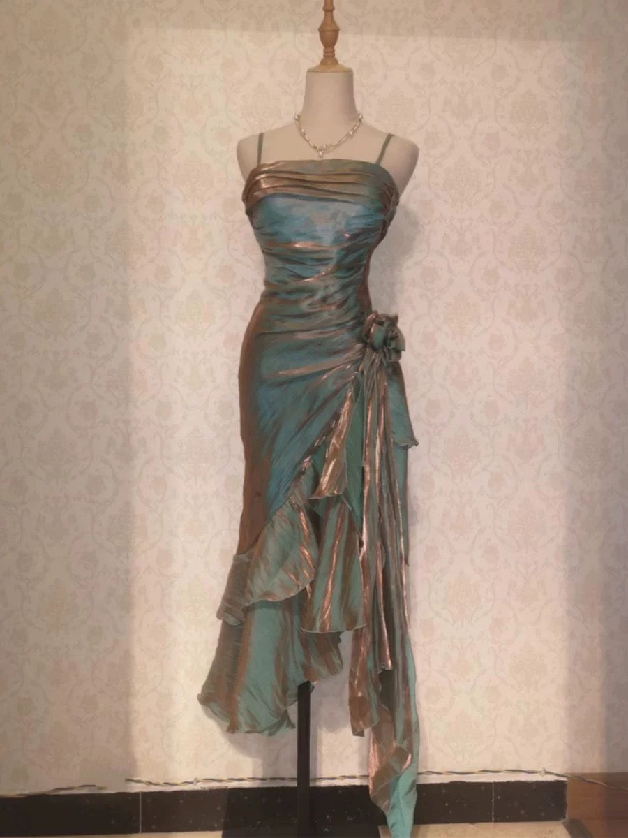 Retro Mermaid Spaghetti Straps Satin Long Party Dress Prom Dresses