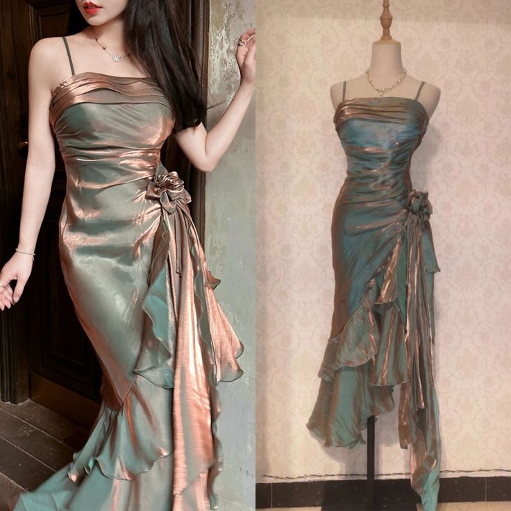 Retro Mermaid Spaghetti Straps Satin Long Party Dress Prom Dresses Main image