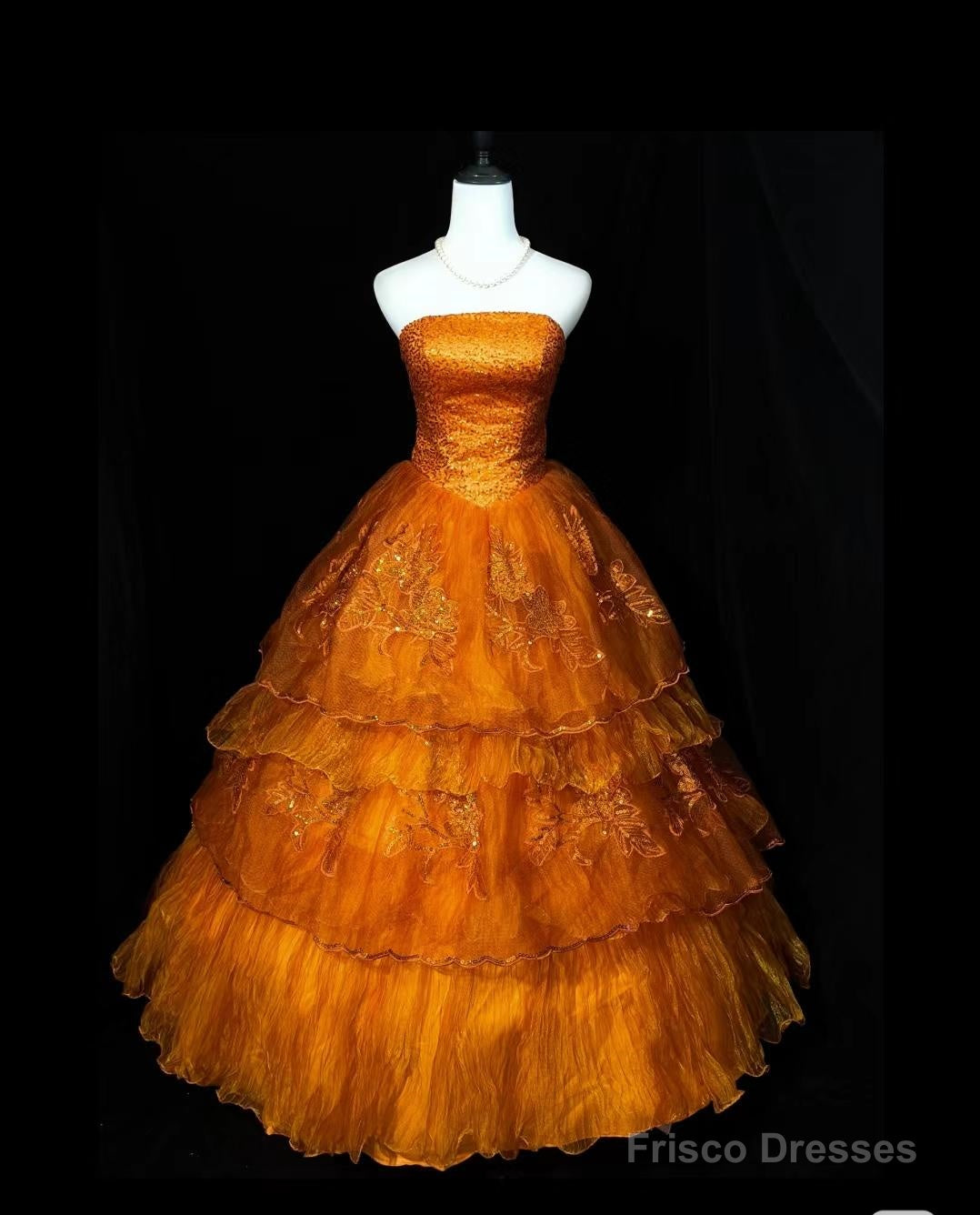 Retro Orange A-Line Strapless Tulle Sequin Long Prom Dress Gorgeous Wedding Dress