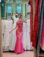 Retro Orange-Pink Mermaid Halter Neck Backless Beaded Tulle Long Prom Dress Evening Dress