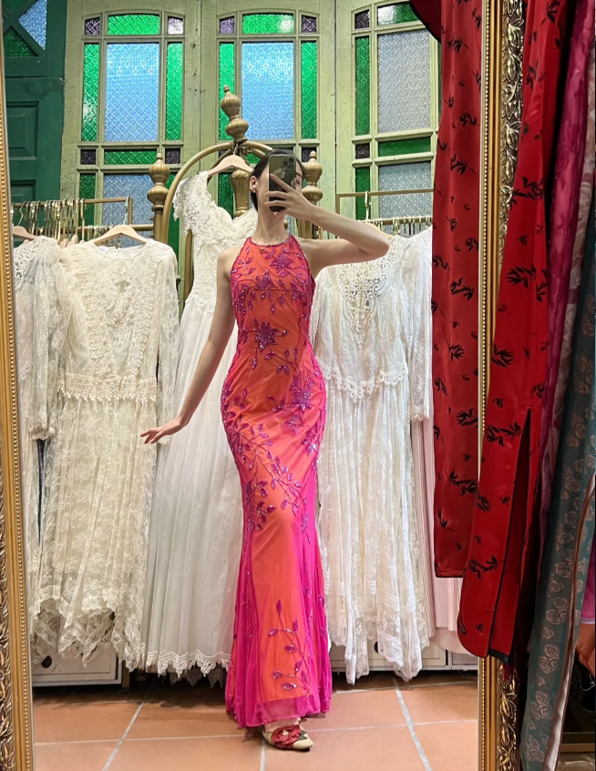 Retro Orange-Pink Mermaid Halter Neck Backless Beaded Tulle Long Prom Dress Evening Dress Main image