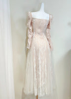 Retro Palace Nude Pink A-Line Long Lace Tulle Long Prom Dress Evening Dress