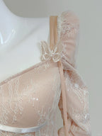Retro Palace Nude Pink A-Line Long Lace Tulle Long Prom Dress Evening Dress