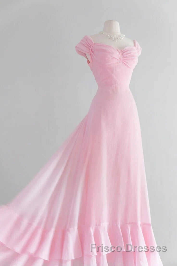 Retro Pink A-line Long Formal Prom Dresses,Pink Bridesmaid Dresses