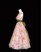 Retro Pink Floral Print A-Line Round Neck Bow Waist-Cinching Long Prom Dress