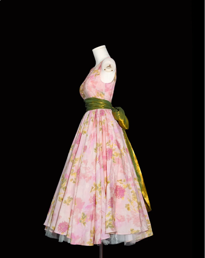 Retro Pink Floral Print A-Line Round Neck Bow Waist-Cinching Long Prom Dress