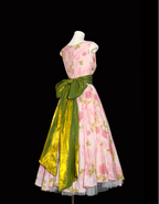 Retro Pink Floral Print A-Line Round Neck Bow Waist-Cinching Long Prom Dress