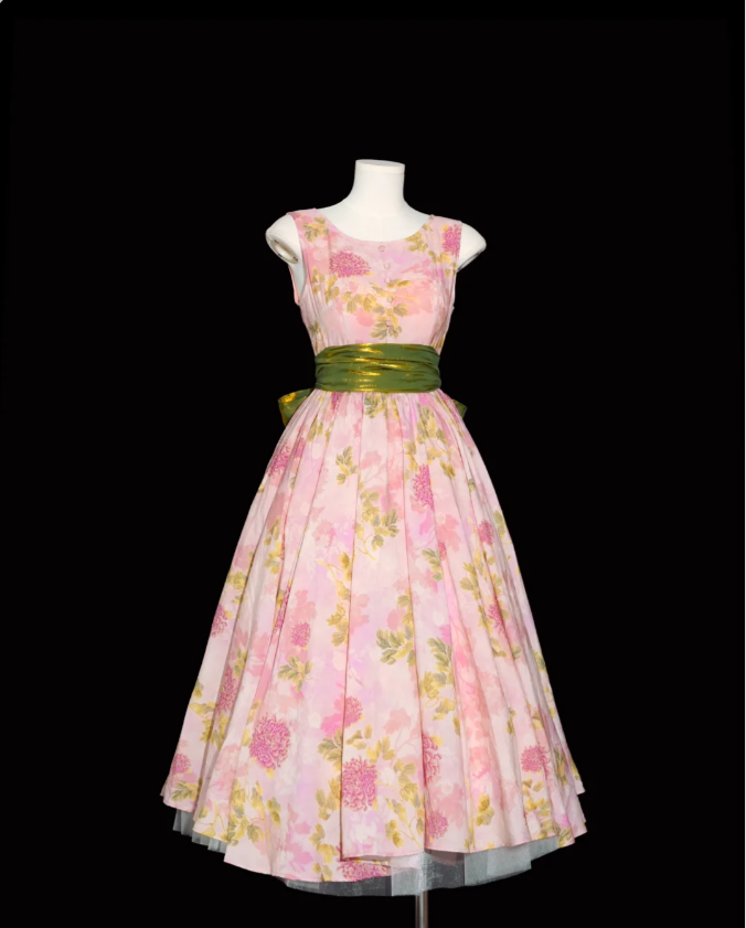 Retro Pink Floral Print A-Line Round Neck Bow Waist-Cinching Long Prom Dress Main image