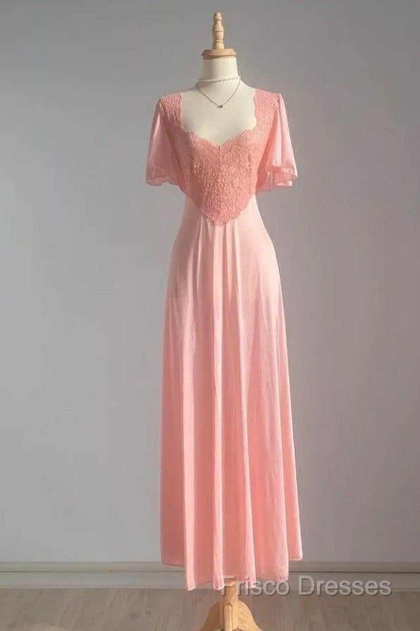 Retro Pink Long Bridesmaid Dress Lace Formal Prom Dress Secondary image