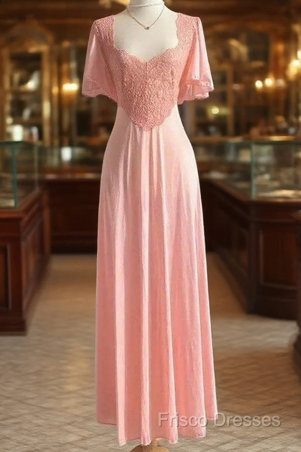 Retro Pink Long Bridesmaid Dress Lace Formal Prom Dress Main image