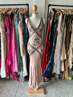 Retro Pink Mermaid Backless V-Neck Beaded Chiffon Long Prom Dress Evening Dress