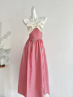 Retro Red And White Plaid A-Line Bow Strap Long Prom Dress 17Th Birthday Dress