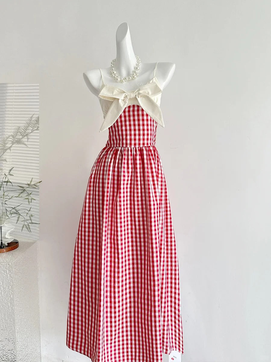 Retro Red And White Plaid A-Line Bow Strap Long Prom Dress 17Th Birthday Dress