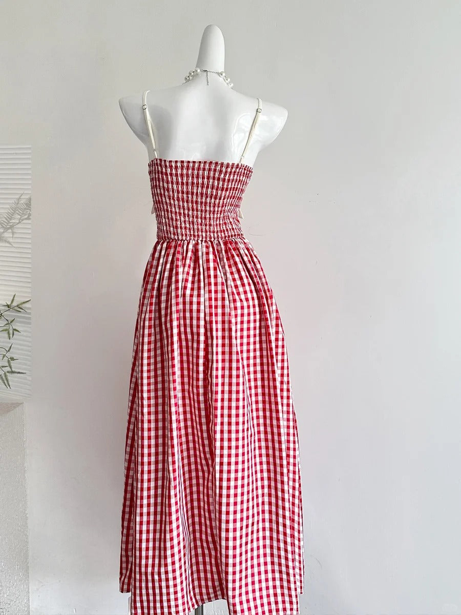 Retro Red And White Plaid A-Line Bow Strap Long Prom Dress 17Th Birthday Dress