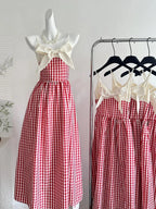 Retro Red And White Plaid A-Line Bow Strap Long Prom Dress 17Th Birthday Dress
