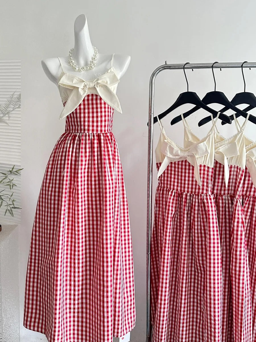 Retro Red And White Plaid A-Line Bow Strap Long Prom Dress 17Th Birthday Dress