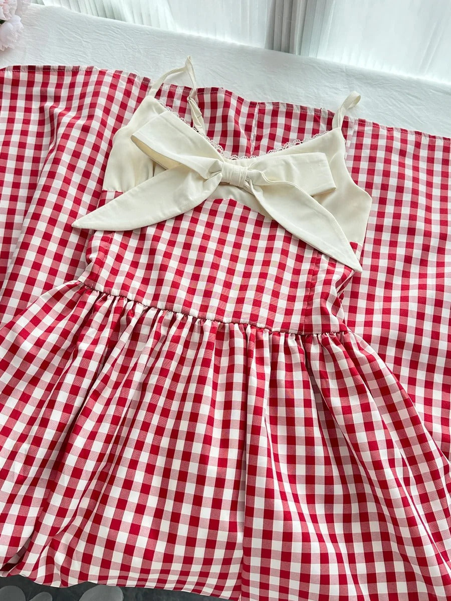 Retro Red And White Plaid A-Line Bow Strap Long Prom Dress 17Th Birthday Dress