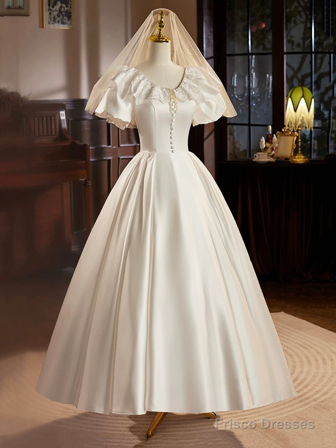 Retro Satin Tea Length Prom Dress With Lace, White A-Line Evening Party Dress Secondary image