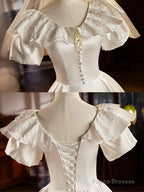 Retro Satin Tea Length Prom Dress With Lace, White A-Line Evening Party Dress