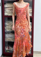 Retro Sparkling Orange-Red Mermaid Ruffled Beaded Chiffon Long Prom Dress Evening Dress