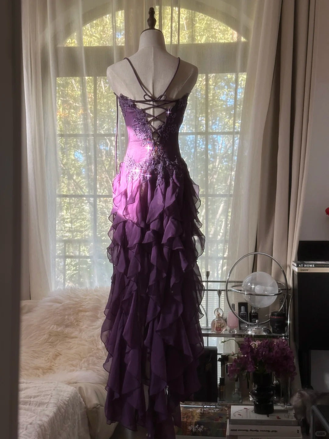Retro Strapless Grape Purple Fungus Curled Skirt Chiffon Long Prom Dress Secondary image