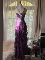 Retro Strapless Grape Purple Fungus Curled Skirt Chiffon Long Prom Dress