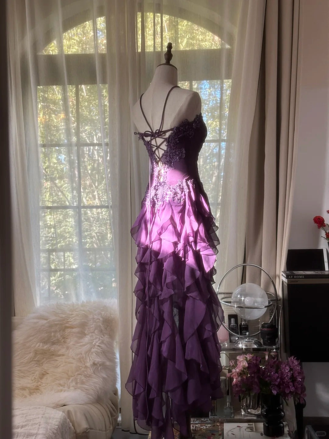 Retro Strapless Grape Purple Fungus Curled Skirt Chiffon Long Prom Dress