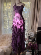 Retro Strapless Grape Purple Fungus Curled Skirt Chiffon Long Prom Dress