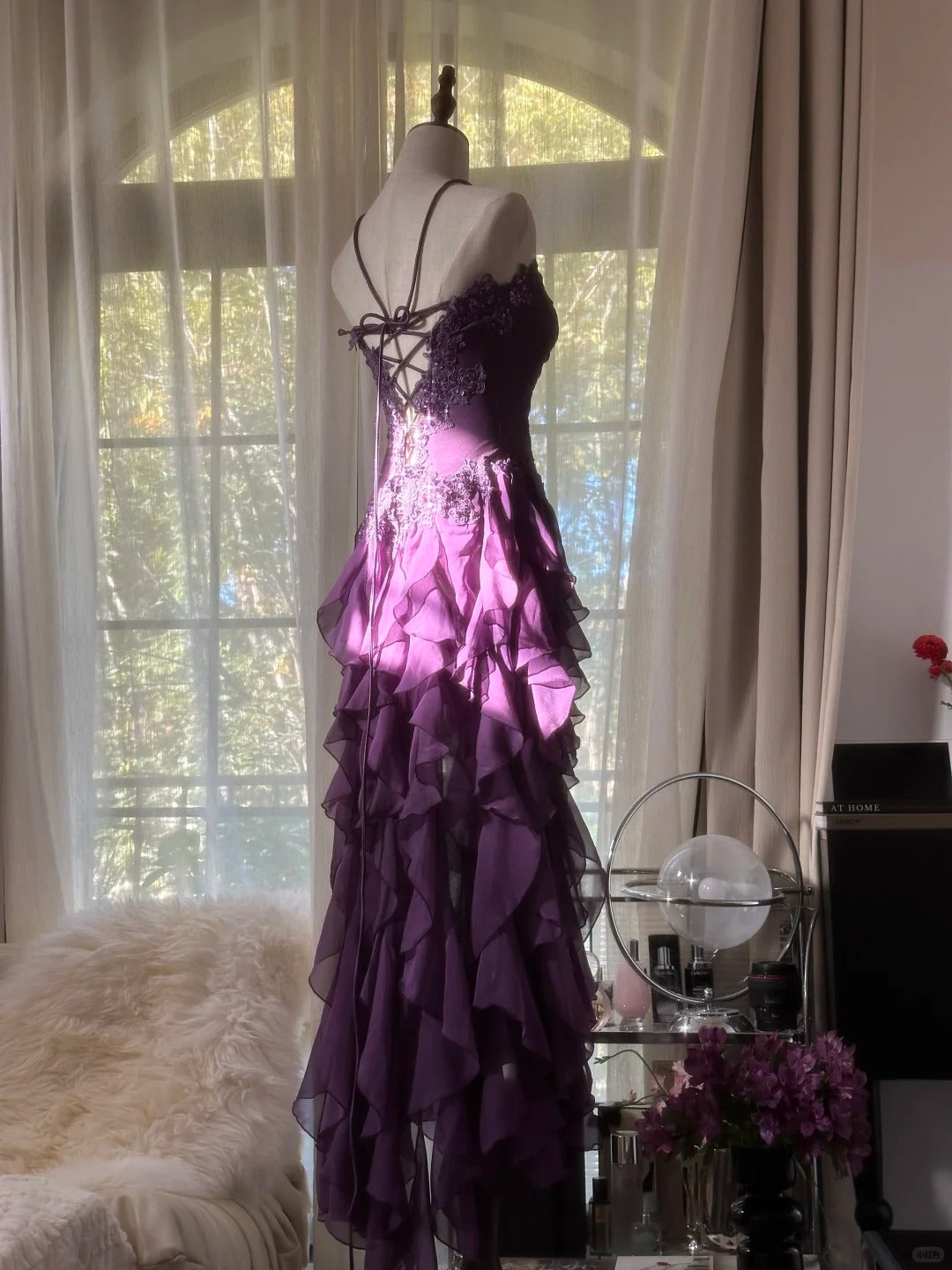Retro Strapless Grape Purple Fungus Curled Skirt Chiffon Long Prom Dress