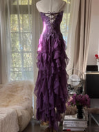 Retro Strapless Grape Purple Fungus Curled Skirt Chiffon Long Prom Dress