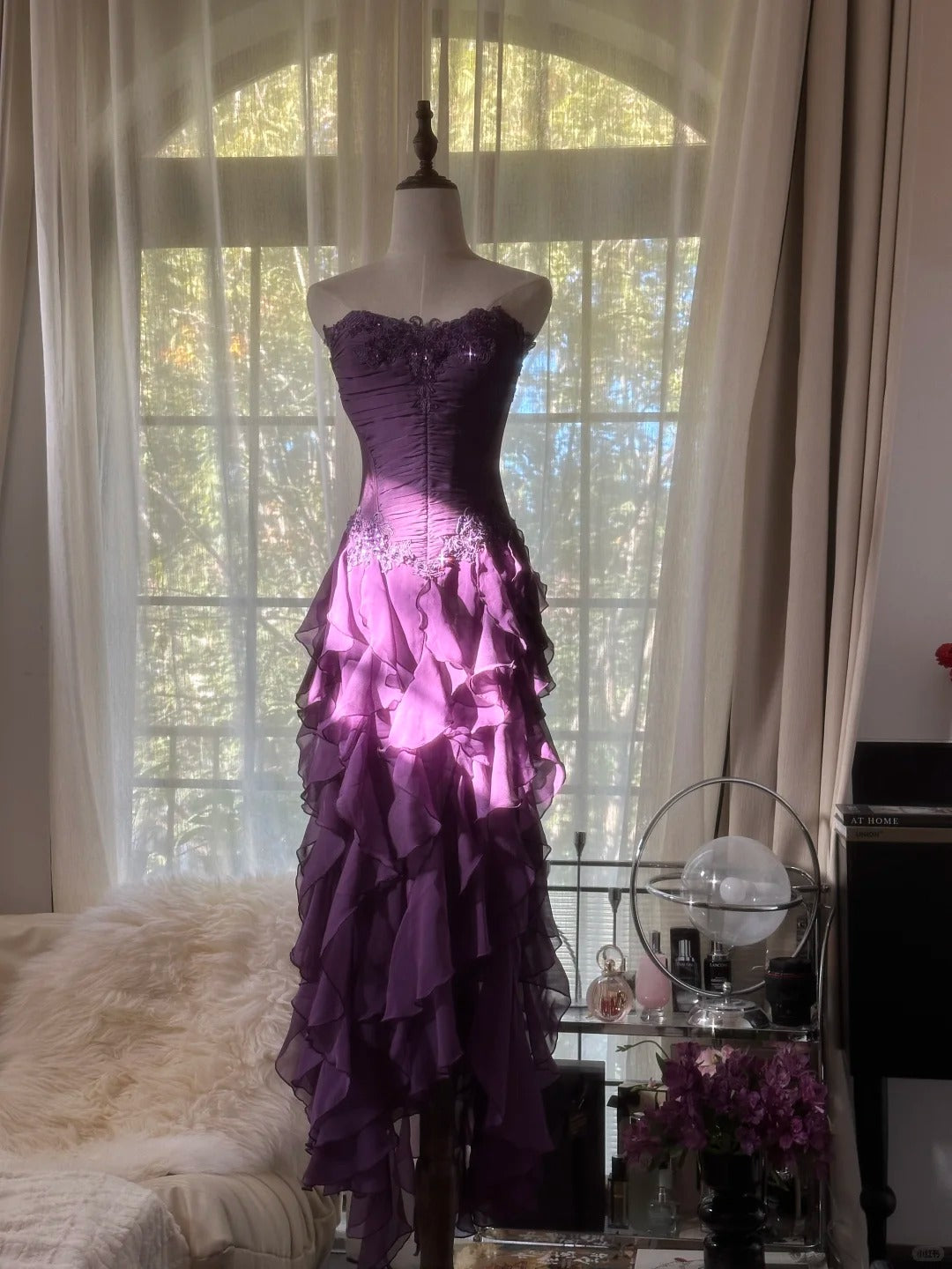 Retro Strapless Grape Purple Fungus Curled Skirt Chiffon Long Prom Dress Main image