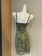 Retro Suspenders Green Floral Mesh Slim Fit 17Th Birthday Homecoming Dress
