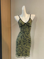 Retro Suspenders Green Floral Mesh Slim Fit 17Th Birthday Homecoming Dress
