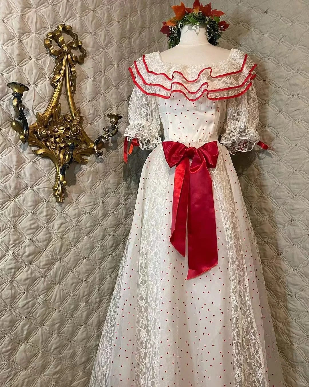 Retro White And Red Color-Blocked Ruffled Collar Polka Dot Bow Lace A-Line Long Prom Dress Evening Dress