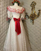 Retro White And Red Color-Blocked Ruffled Collar Polka Dot Bow Lace A-Line Long Prom Dress Evening Dress