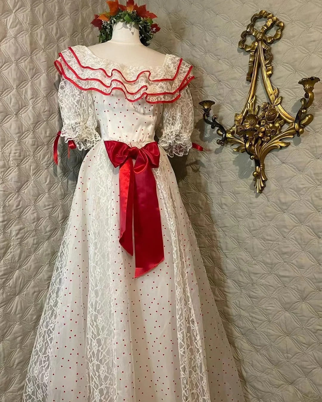 Retro White And Red Color-Blocked Ruffled Collar Polka Dot Bow Lace A-Line Long Prom Dress Evening Dress