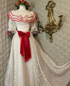 Retro White And Red Color-Blocked Ruffled Collar Polka Dot Bow Lace A-Line Long Prom Dress Evening Dress