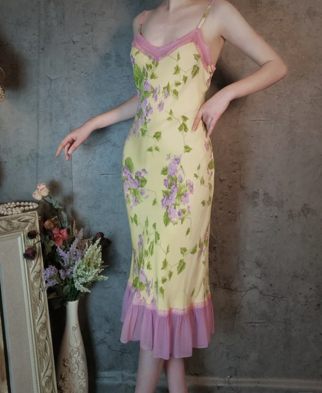 Retro Yellow-Based Purple Floral Mermaid Spaghetti Strap V-Neck Chiffon Prom Dress Evening Dress Secondary image