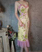 Retro Yellow-Based Purple Floral Mermaid Spaghetti Strap V-Neck Chiffon Prom Dress Evening Dress